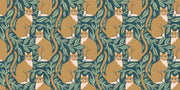 Whimsical wall mural featuring orange cats surrounded by green leaves.