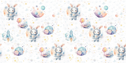 Space-themed wall mural with bunnies in astronaut suits, colorful planets, rockets, and stars.