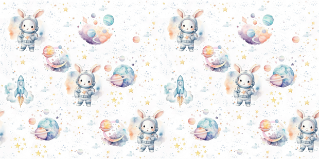 Space-themed wall mural with bunnies in astronaut suits, colorful planets, rockets, and stars.