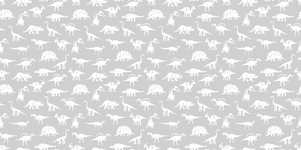 Minimalistic grey dinosaur wall mural with white dinosaur silhouettes, perfect for a modern kid's bedroom or nursery.