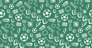 Green soccer-themed wall mural with motivational words, soccer balls and dynamic graphics.