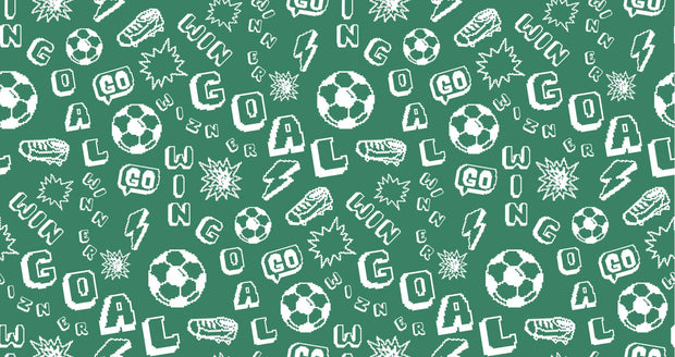 Green soccer-themed wall mural with motivational words, soccer balls and dynamic graphics.