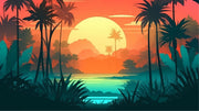 Tropical sunset wall mural with vibrant orange sky, palm trees, and lush greenery, perfect for modern bedroom or living room décor.