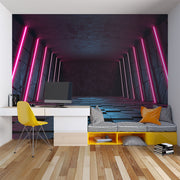 Futuristic Neon Tunnel Wall Mural – 3D Cyberpunk-Inspired Wallpaper with Pink Neon Lights, Geometric Paneling, and Sci-Fi Aesthetic for Gaming and Modern Interiors.