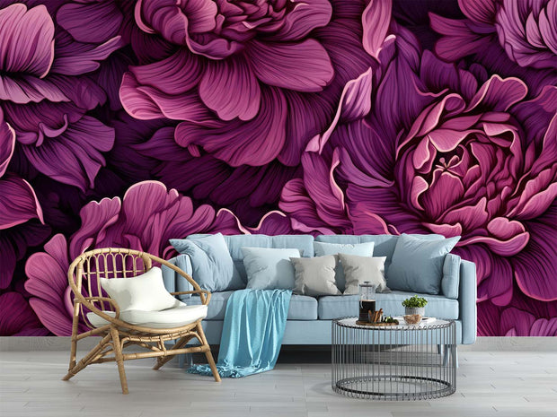 Bold Burgundy Peony Wall Mural – Luxurious Oversized Floral Wallpaper with Deep Plum, Purple, and Dark Background for Elegant Interiors.