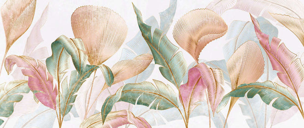 Pastel tropical leaf wall mural with oversized botanical patterns in soft pink, teal, and gold tones, perfect for modern, boho, and tropical-inspired interiors.