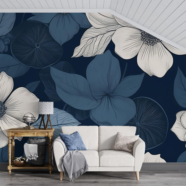 Blue and white floral wall mural - Mural Wonder