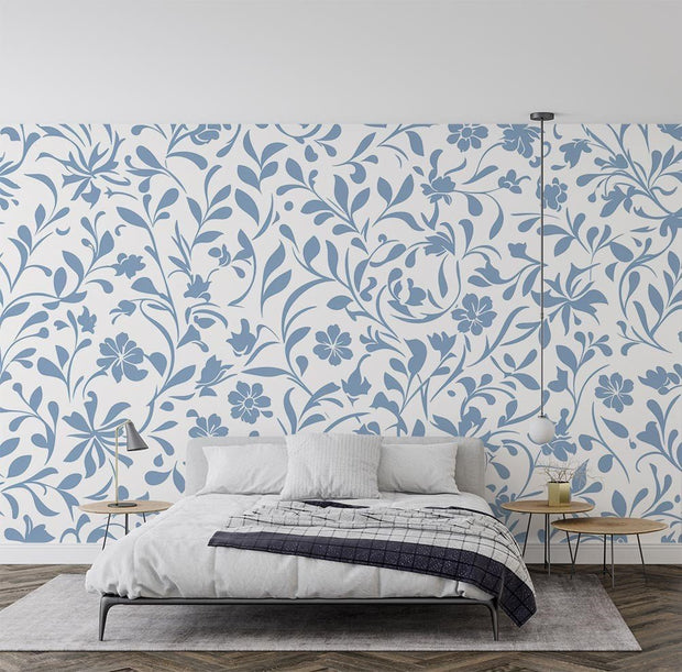 Blue Floral Pattern Mural Wallpaper - Mural Wonder