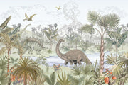 Prehistoric dinosaur wall mural featuring a jungle scene with a Brachiosaurus, Stegosaurus, pterodactyls, and a volcano.