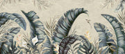 Tropical elegance wall mural featuring oversized banana leaves, bird of paradise flowers, and a hummingbird in muted tones.