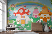 Whimsical Fairyland Wall Mural featuring mushroom houses, fairies, rainbows, and forest creatures – perfect for kids' rooms and nurseries.