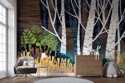 Enchanted Birch Forest Wall Mural – White birch trees with dark woodland backdrop, perfect for modern home decor, living rooms, bedrooms, and offices.