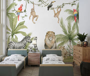 Safari Wildlife Wall Mural – Watercolor mural with lions, zebras, monkeys, and parrots in a tropical landscape, ideal for kids' rooms and nurseries.