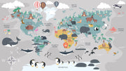 Illustrated kids world map wall mural featuring continents, oceans, animals, and landmarks in a playful and educational design.