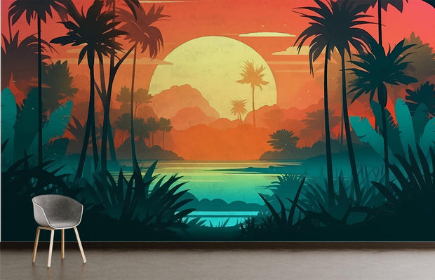 Tropical sunset wall mural with vibrant orange sky, palm trees, and lush greenery, perfect for modern bedroom or living room décor.