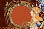 Art Nouveau wall mural featuring a golden-haired muse, butterflies, and intricate gold details on a burnt-orange background.