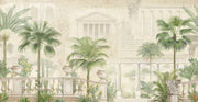 Elegant classical architecture and tropical palm wall mural featuring Roman-style columns, domes, and lush greenery in a vintage aesthetic.