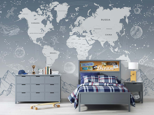 Modern gray world map wall mural with space elements, styled in contemporary children's bedroom.