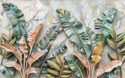 Luxury Tropical Leaf Wall Mural – 3D Botanical Wallpaper with Banana Leaves, Golden Accents, and Textured Background for Elegant Interiors.