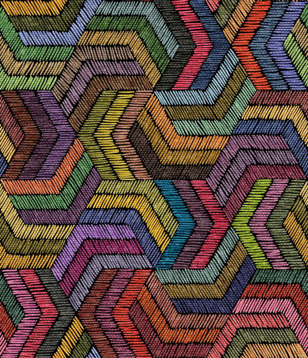 Modern rainbow geometric wall mural with textured chevron pattern.