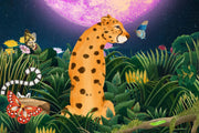 Midnight Safari wall mural with a whimsical leopard in a vibrant jungle, surrounded by butterflies and a glowing purple moon.