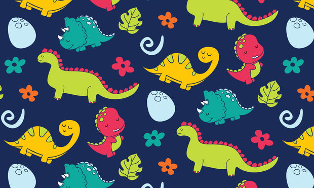 Colorful dinosaur wall mural with vibrant cartoon dinosaurs on a navy blue background.