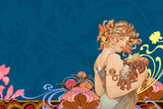 Art Nouveau wall mural with a muse holding fruits, surrounded by floral patterns on a navy-blue background.