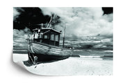 Fishing boat on beach wall mural image 1