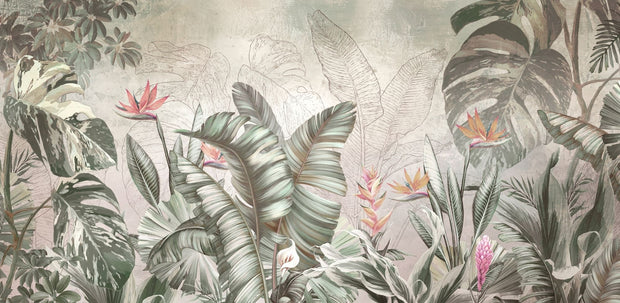 Elegant tropical wall mural with monstera leaves and birds of paradise flowers in sage green and coral.