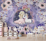 Princess & Unicorn Wall Mural – Fantasy Fairytale Wallpaper for Kids' Rooms, featuring dreamy pastel florals and a magical princess with her unicorn companion.