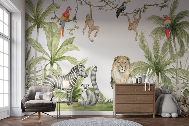 Safari Wildlife Wall Mural – Watercolor mural with lions, zebras, monkeys, and parrots in a tropical landscape, ideal for kids' rooms and nurseries.