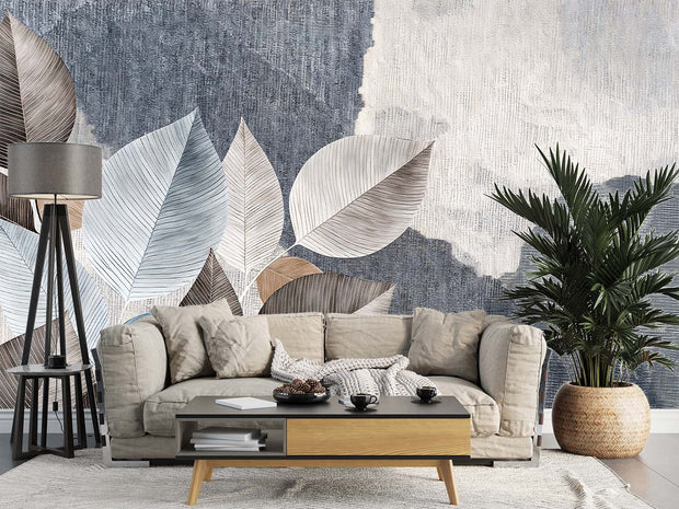 Modern Abstract Leaf & Mountain Wall Mural – Artistic Textured Wallpaper with Botanical Elements and Nature-Inspired Design in Blue, Taupe, and Beige.