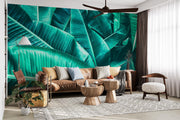 Banana leaf wall mural with bold, richly detailed tropical green leaves, ideal for vibrant and stylish home decor.