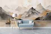 Watercolor Beige Mountain Wall Mural – Hand-Painted Landscape Wallpaper with Misty Peaks, a Sailing Boat, and Soft Earthy Tones for Elegant Interiors.