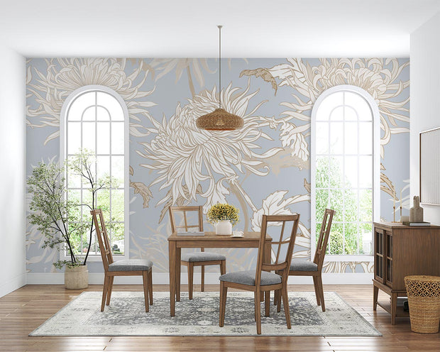 Elegant blue floral wall mural with intricate beige and gold chrysanthemums, styled in a classic dinning space with wooden furniture.