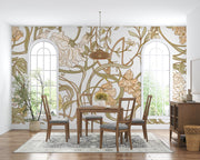 Art Nouveau botanical wall mural with flowing floral patterns in beige, sage green, and gold tones, styled in a classic dining room with wooden furniture.