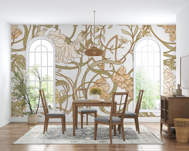 Art Nouveau botanical wall mural with flowing floral patterns in beige, sage green, and gold tones, styled in a classic dining room with wooden furniture.