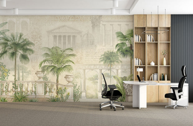 Elegant classical architecture and tropical palm wall mural featuring Roman-style columns, domes, and lush greenery in a vintage aesthetic.