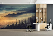 Sunrise hills wall mural featuring rolling forested hills, golden morning light, and soft mist, creating a peaceful and elegant interior backdrop.