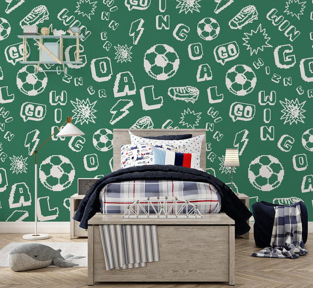 Green soccer-themed wall mural with motivational words, soccer balls and dynamic graphics; decorating  kids' room.