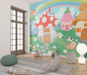 Whimsical Fairyland Wall Mural featuring mushroom houses, fairies, rainbows, and forest creatures – perfect for kids' rooms and nurseries.