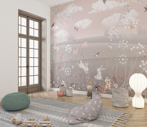 Enchanted woodland animal wall mural featuring rabbits, deer, birds, and wildflowers in a cozy children’s room with modern decor.