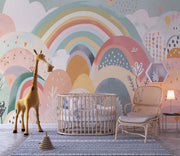 Colorful rainbow hills wall mural with soft pastel tones, whimsical hand-painted patterns, and playful botanical details – perfect for a kids’ bedroom or nursery decor.