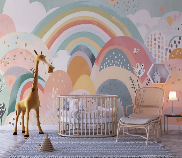 Colorful rainbow hills wall mural with soft pastel tones, whimsical hand-painted patterns, and playful botanical details – perfect for a kids’ bedroom or nursery decor.