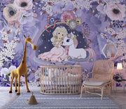 Princess & Unicorn Wall Mural – Fantasy Fairytale Wallpaper for Kids' Rooms, featuring dreamy pastel florals and a magical princess with her unicorn companion.